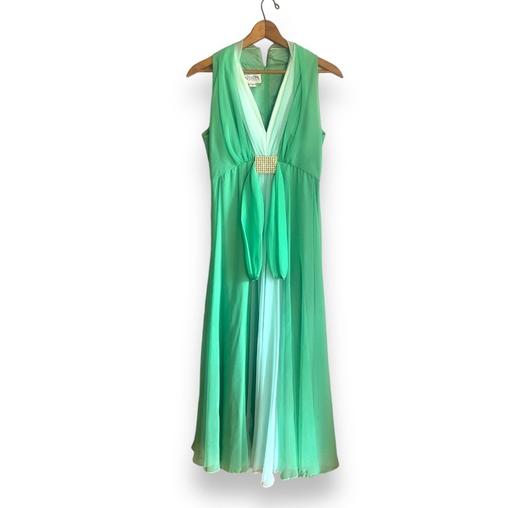 Paul Levy Vintage Green Chiffon V-Neck Sleeveless V-Neck Maxi Dress Formal Gown